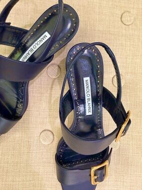Manolo Blahnik Navy Leather Slingback Sandals with Gold Buckle